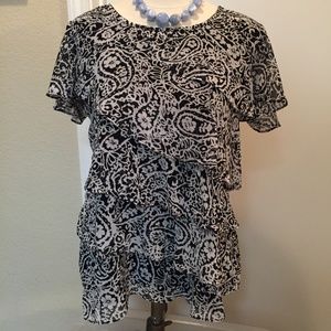 Black and gray paisley ruffled top